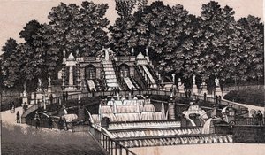 Näkymä suurelle vesiputoukselle Saint Cloudin puistossa (Saint-Cloud), Ranska. kirjassa "" Maailma havainnollistaa 168 näkymää"" Päiväämätön (1800-luvun loppu) tekijältä Unknown artist