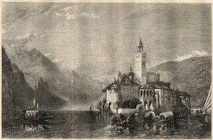Näkymä Mater Ecclesiaen luostarista Saint Julesin (Saint Jules) saarella (San Giulio) Orta-järvellä (Cusiojärvi) Italiassa. Kaiverrus William Collingwood Smithin (1815-1887) maalauksen jälkeen. "The Illustrated London News" -lehdessä 22. maaliskuuta tekijältä Unknown artist
