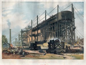 Näkymä Lontoon Thamesin telakalla rakenteilla olevan transatlanttisen linja-auton "Great Eastern" (Leviathan) perästä. Kaiverrus 7. marraskuuta 1857 julkaistuun kuvitettuun London News -lehteen. tekijältä Unknown artist