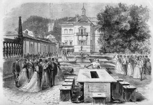 Keisari Francois-Josephin (1830-1916) ja Itävallan impressori Elisabethin (Sissi) (1837-1898) vierailu Ranskan impressin Eugenien (1826-1920) ja Napoleon III:n kanssa Hellbrunnin keisarilliseen asuinpaikkaan Itävallassa 21. elokuuta tekijältä Unknown artist