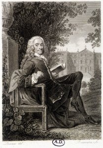 Voltaire lukemassa puistossa - kaiverrus tekijältä Unknown artist