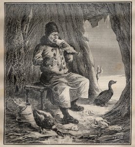 Charles Rabotin (1856-1944) matkat: Siperialainen Ostiak (hanti tai khante) syö kalaa - Kaiverrus ""La Science francaise"" tekijältä Unknown artist
