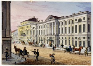 Ulkonäkymä Hotel des Postes de Saint Petersburgista (Album de Marie Taglioni) (Post Hotel Pietarissa (Marie Taglionin albumi). Nimetön etsaus ja akvarelli, 1840-luku. Moskova, A. S. Pushkinin valtionmuseo). tekijältä Unknown artist