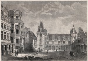 Ulkonäkymä Bloisin linnasta monumentaalisilla portailla - Kaiverrus "" Le Monde Illustrie"" tekijältä Unknown artist