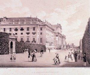 Kävelijöitä Schonbrunnin palatsin (Schoenbrunn) puistossa Wienissä. Itävalta. Printtejä 1800-luvun alusta Yksityiskokoelma tekijältä Unknown artist