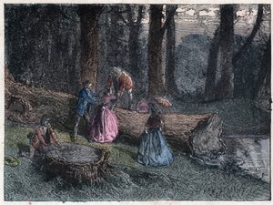 Kävelejät yrittävät laskea kuolleen tammen ikää tutkimalla puun kantaa. Kaiverrus 1800-luvun lopulla. tekijältä Unknown artist