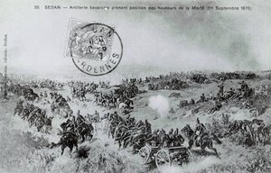 Vuoden 1870 sota: Baijerin tykistö ottaa kantaa Marfen korkeuksista Ardenneilla 1.9.1870. Kaiverrus vuodelta 1870 tekijältä Unknown artist