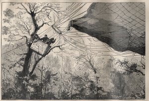 Vuoden 1870 sota: "Armand Barbes" -pallon laskeutuminen Leon Gambettan (1838-1882) kanssa aluksella 7. lokakuuta 1870 - Kaiverrus "La Science francaise" tekijältä Unknown artist