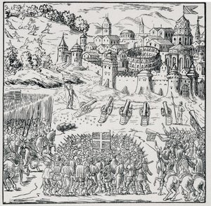 Uskontojen sota: Kuninkaan armeijan (Henry III) piirittämä Nîmesin kaupunki vuonna 1576 - "" Kokoelmassa 39 hahmoa, jotka edustavat Ranskan onnettomuuksia vuosina 1562–1586", Louis Perrin imprim. tekijältä Unknown artist