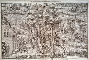 Uskonsodat 1562-1598 "" Francois I:n Lorraine (1519-1563) Guisen toisen herttuan salamurha 18.2.1563. Katolisen johtajan tappoi kalvinisti Jean de Poltrot de Mere tai Merey. Kaiverrus 1500-luvulta. Paris, B.N. tekijältä Unknown artist