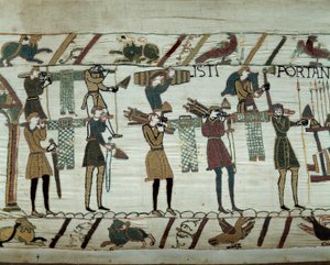 William Valloittajan (1027-1087) laivastot tuovat aseita ja viiniä laivoille Englannin valloitusta varten vuonna 1066. Yksityiskohta Bayeux