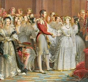 Kuningatar Victorian häät Saksin prinssi Albertin kanssa Cobourg Gothan Saint James Palacessa Lontoossa 10. helmikuuta 1840 (kaiverrus) tekijältä Unknown artist