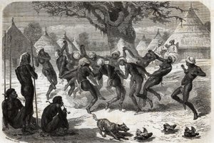 Heimoon kuuluvien naisten tervetulotanssi Bakerin ja hänen vaimonsa palattua Albert-järveltä (Albert Nyanza). Engravure pour illustration le voyage au lac Albert, en 1861-1864, kirjoittaja Sir Samuel White Baker, teoksessa "Le tour du monde, nouveau journa tekijältä Unknown artist