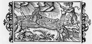 Velho karkottaa myrskyn - Olaus Magnuksen, Rooman teoksessa "Gentibus Septentrionalibusin historia" (Pohjolan kansojen historia) tekijältä Unknown artist