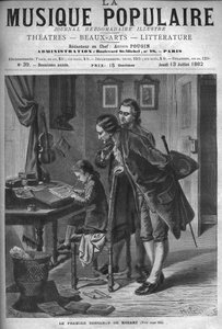 Wolfang Amadeus Mozart kirjoittaa konserton cembalolle isänsä Leopoldin ja Andreas Schachtnerin läsnä ollessa vuonna 1762 - kaiverrus "" Popular Music"" -kuvitettuun viikkolehteen - 1882 tekijältä Unknown artist
