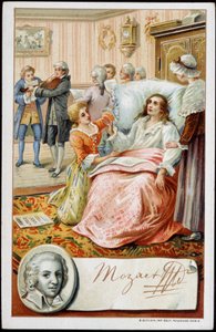 Wolfgang Amadeus Mozart (1756-1791) elämänsä viimeisinä päivinä. 1800-luvun kromolitografia tekijältä Unknown artist