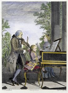 Wolfgang Amadeus Mozart lapsi pianolla isänsä Leopold viulussa ja sisarensa Marianne laulamassa - kaiverrus ympäröimänä tekijältä Unknown artist