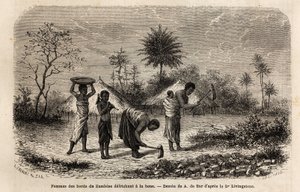 Naiset Zambezen rannoilta puhdistamassa kuokkaa ja tutustuttamassa lapsia maataloustöihin. Kaiverrus, joka havainnollistaa tohtori Livingstonen ensimmäisiä matkoja Etelä-Afrikkaan vuosina 1840-1856, "Le tour du monde, nouveau journal des voyages" -julkaisu tekijältä Unknown artist