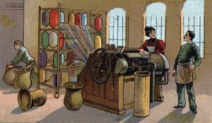 Villateollisuus, kampaus. 1800-luvun lopun kromolitografia tekijältä Unknown artist