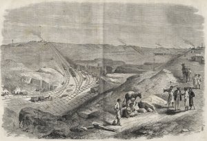 Työ Suezin kanavalla 1864 - Rakennustyömaa ja poraustyöt Suezin kanavalla vuonna 1864 (Chaluf Tranchee) - tekijältä Unknown artist