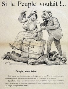 Työntekijä murskattu "verot väestölle" - sarjakuva, 1800-luvun loppu tekijältä Unknown artist