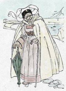 Ensimmäinen maailmansota: saksalainen vakooja, joka on naamioitunut vendean vanhaksi naiseksi, jolla on sateenvarjoteleskooppi ja keppi ja joka ottaa valokuvia. tekijältä Unknown Artist