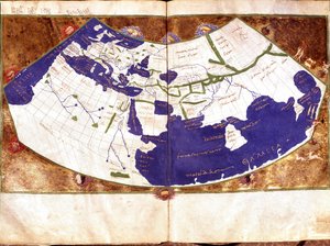Kreikkalaisen tähtitieteilijän ja astrologin Claudius Ptolemeuksen (Claude Ptolemee, 90-168 ap JC) maailmankartta - Tasaisen maan esitys ilman pohjois- ja etelänapaa ja ilman Amerikkaa Sisältää - 1400-luvun käsikirjoitus - Venetsia, Biblioteca Marciana tekijältä Unknown artist