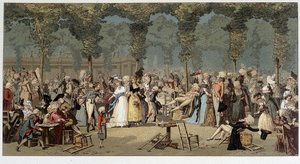 Maailmankävely kuninkaanlinnan puutarhojen läpi, 1700-luvun lopulla - kromo Debucourtin kaiverruksen jälkeen tekijältä Unknown artist