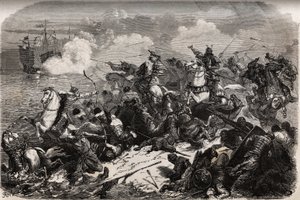 Yori Omo ja samurai-armeija torjuvat mongolien hyökkäyksen vuonna 1274 Qubilain (Kubilai Khan, Mongolian Yuan-dynastian (1215-1294) ensimmäinen keisari) johtaman mongolien hyökkäyksen, mutta taifuunit (kami kaze: jumalten tuuli) torjuvat ja kaatavat mongol tekijältä Unknown artist