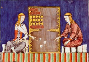 Nuoret naiset soittamassa tric tracia (tri-trac), Backgammonin esi-isä - Miniatyyri Alphonse X Viisaan tai Savantin käsikirjoituksesta "Libro de los juegos" (espanjaksi Alfonso X el Sabio tekijältä Unknown artist