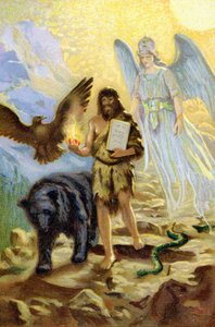 Zarathustra (Zarathustra, Zarathushtra, Zarathustra tai Zoroastra), arkkienkelin ohjaamana ja eläinten seurassa, jotka pitivät häntä kumppanina hänen vetäytyessään vuorelle, laskeutuu ihmisten väliin kantamaan Ahura Mazdan vastaanottamia lakitauluja tekijältä Unknown artist