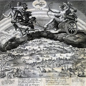 Horoskooppimerkki Syöpä. Kuu, esitys Semeleen tankista. Kaiverrus 1800-luvulta. tekijältä Unknown artist