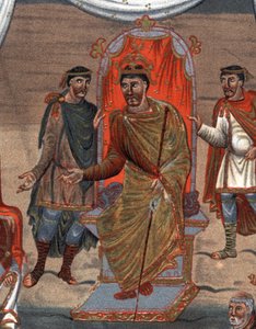 yksityiskohdat: Kaarle II Kalju (823 - 877), Ranskan kuningas, joka vastaanottaa munkkien valtuuskunnan Toursista.Fac-Simile 1800-luvun kromolitografiassa 1800-luvun pienoismallin jälkeen, joka on säilytetty B.N. Pariisista. tekijältä Unknown artist