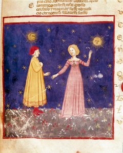 ensimmäinen taivas: Dante tapaa Beatricen paratiisissa. Valaistu sivu, joka havainnollistaa Paratiisin laulua Dante Alighierin (1265-1321) "Divina Commediasta". 1300-luku, Venetsia, Biblioteca Marciana tekijältä Unknown artist