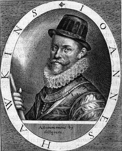 muotokuva Sir John Hawkinsista (Hawkyns) Englannin amiraalista (1532-1595), joka tunnetaan ensimmäisenä mustalla kauppaa käyneestä, hän teki useita matkoja Lontoon kauppiaiden rahoittamana Afrikan ja Amerikan välillä. Kaiverrus vuodelta 1620. tekijältä Unknown artist