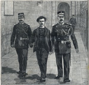italialainen anarkisti Luigi Luccheni (Lucheni) Itävallan impress Elizabethin (Sissi) salamurhaaja tuotiin yhteisöjen tuomioistuimeen vuonna 1898. tekijältä Unknown artist