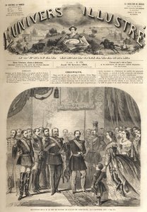 Preussin kuninkaan Williamin vierailu Ranskan keisarin Napoleon III:n luo Compiegnessa, Ranskassa 1861 - Preussin Vilhelm I:n (1797-1888) vierailu Compiegnessa en Napoleon III:n läsnäolo - Kaiverrus "" Maineikas universumi” tekijältä Unknown artist