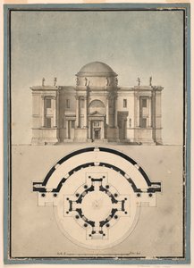 Suunnittelu klassiselle temppelille, jossa on tempietto ja puolipyöreä aedicule