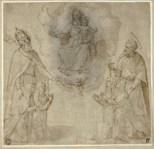 Neitsyt ja lapsi pyhimysten Fabianus (tai Gregorius Suuri) ja Joosef edessä. tekijältä Unknown Sienese