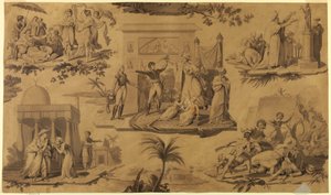 Piirros, pilapiirros painettua puuvillatekstiiliä varten: Ranskalaiset Egyptissä [Les Francais en Egypte], n. 1815. tekijältä Unknown artistUnknown artist