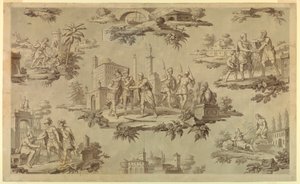 Piirustus, sarjakuva puuvillapainatusta varten: Belisairen elämä [La Vie de Bélisaire], n. 1820. tekijältä Unknown artistUnknown artist