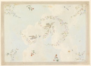 Piirustus, kattokuvio, jossa on kyyhkysiä ja kukkaseppeleitä, mahdollisesti sisääntuloaulaa varten, 1815-22. tekijältä Unknown artistUnknown artist
