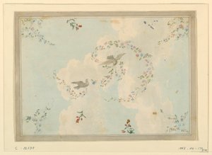 Piirustus, kattokuvio, jossa on kyyhkysiä ja kukkaseppeleitä, mahdollisesti sisääntuloaulaa varten, 1815-22.