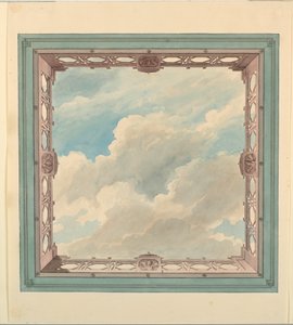 Piirustus, kattosuunnitelma, jossa on hapsutettu parveke ja avoin taivas, mahdollisesti konservatorio/musiikkihuone tai ruokasali, n. 1820. tekijältä Unknown artistUnknown artist