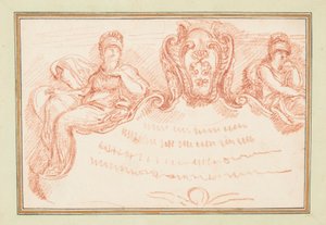 Piirustus, Katto, jossa kaksi istuvaa hahmoa ja lippalakki, n. 1759-70. tekijältä Unknown artistUnknown artist