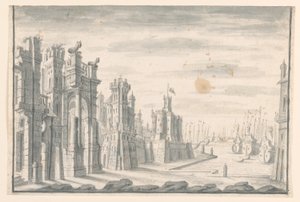 Piirustus, näyttämö, näkymä kaupunkiin ja satamaan, 1700-luvun alku tekijältä Unknown artistUnknown artist