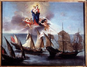 Genovan vene, jonka kimppuun hyökkäsi galiot ja barbaaripuolisko. Ex-voto 1796. Genova-Peglin merimuseo. tekijältä Unknown artist
