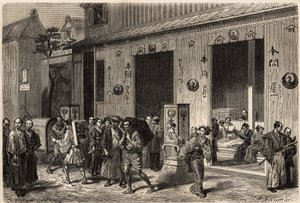 Kirjakauppa, jossa on kasoja kirjoja ja lukijoita, Yedossa (tai Edossa, nykyisessä Tokiossa), avattiin vilkkaalle kadulle. Kaiverrus havainnollistamaan matkaa Japaniin vuosina 1863-1864, Sveitsin valaliiton ministeri Aime Humbert teoksessa "Le tour du mond tekijältä Unknown artist