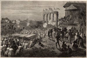 Morsiuskortegio Tetessä (Mosambik). Kaiverrus havainnollistamaan tohtori Livingstonen ensimmäisiä matkoja Etelä-Afrikkaan vuosina 1840–1856 Edouard Chartonin johdolla julkaistussa "Le tour du monde, nouveau journal des voyages" -julkaisussa tekijältä Unknown artist