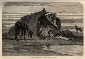 Nomadisten mustalaisten leiri Pohjois-Bosnian tasangoilla. Georges Perrotin kaiverrus havainnollistamaan muistoja eteläslaavien matkustamisesta, vuonna 1868, julkaistu "" Le tour du monde"" 1870-1871, toimittanut Edouard Charton, painos Hachette, Pari tekijältä Unknown artist